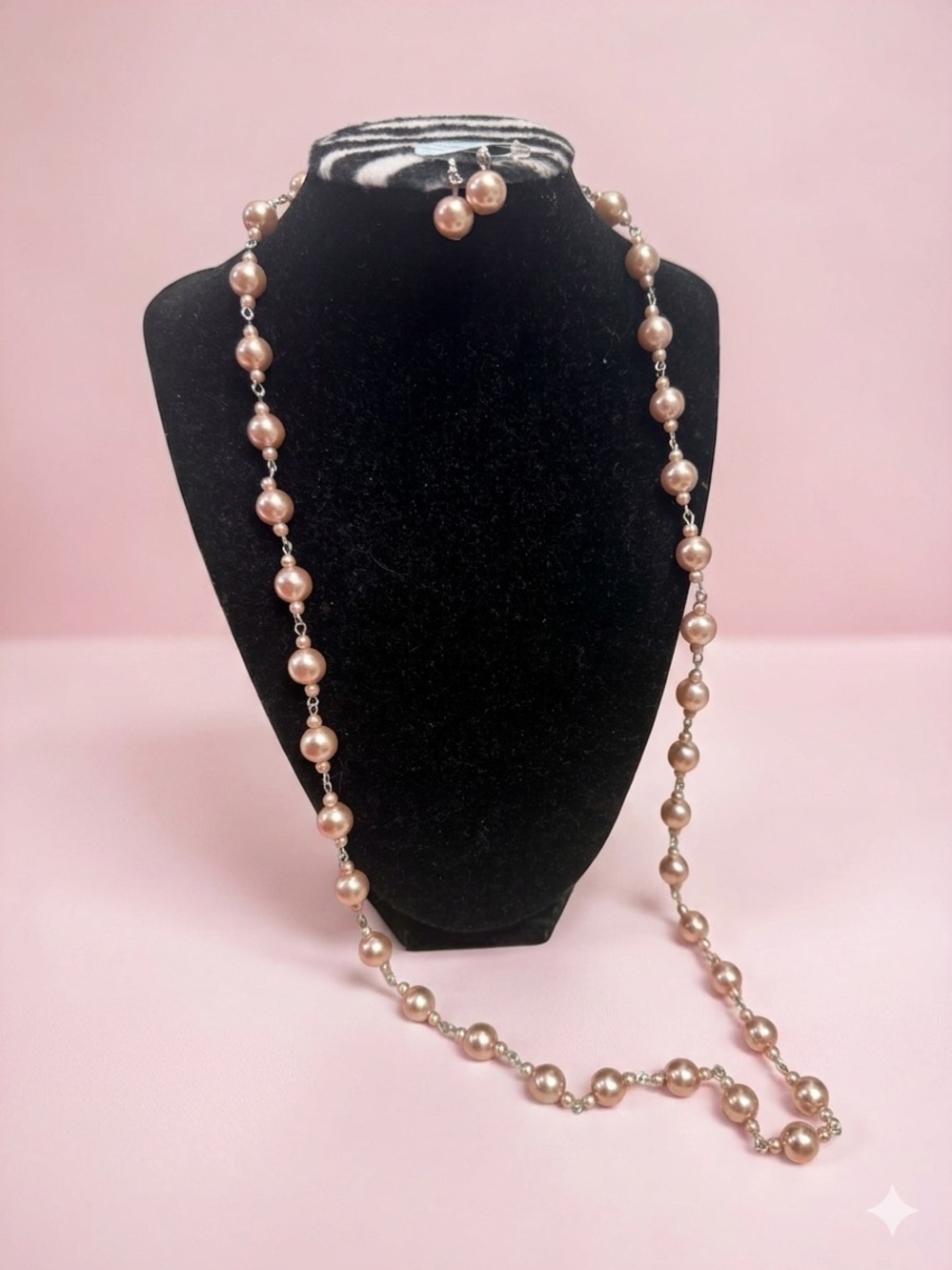 Long Pink Pearl Station Necklace with Matching Studs
